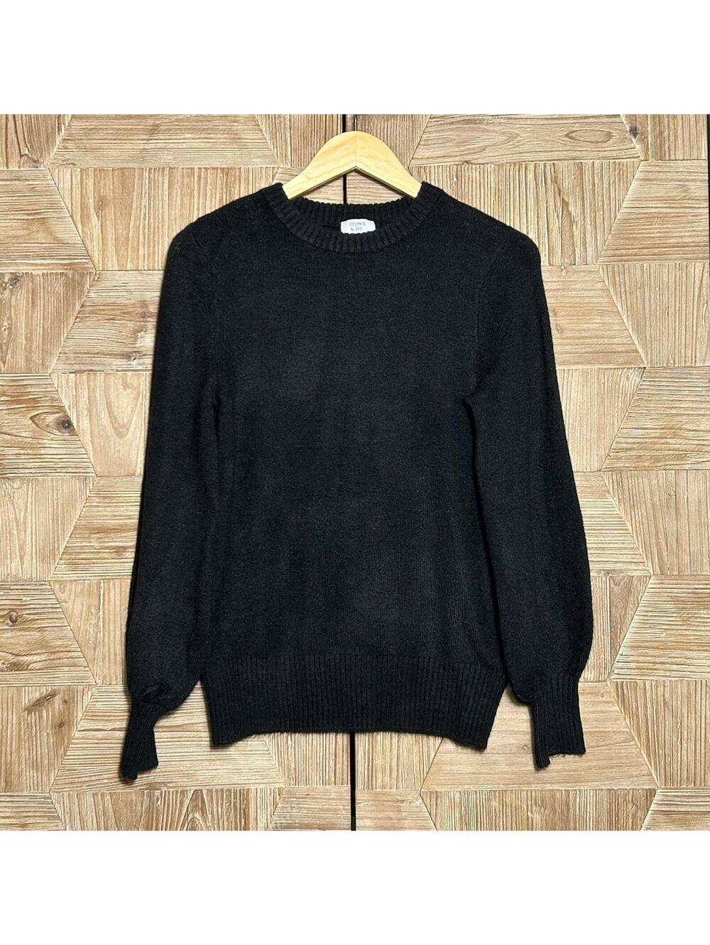 Crown & Ivy Black Rhinestone Button Back Sweater Balloon Sleeve Quiet Luxury